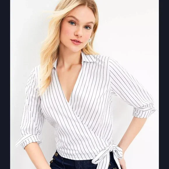 Ann Taylor Loft Striped Cotton Blend Side Wrap Blouse | NWT | XS | White Black - Picture 3 of 7